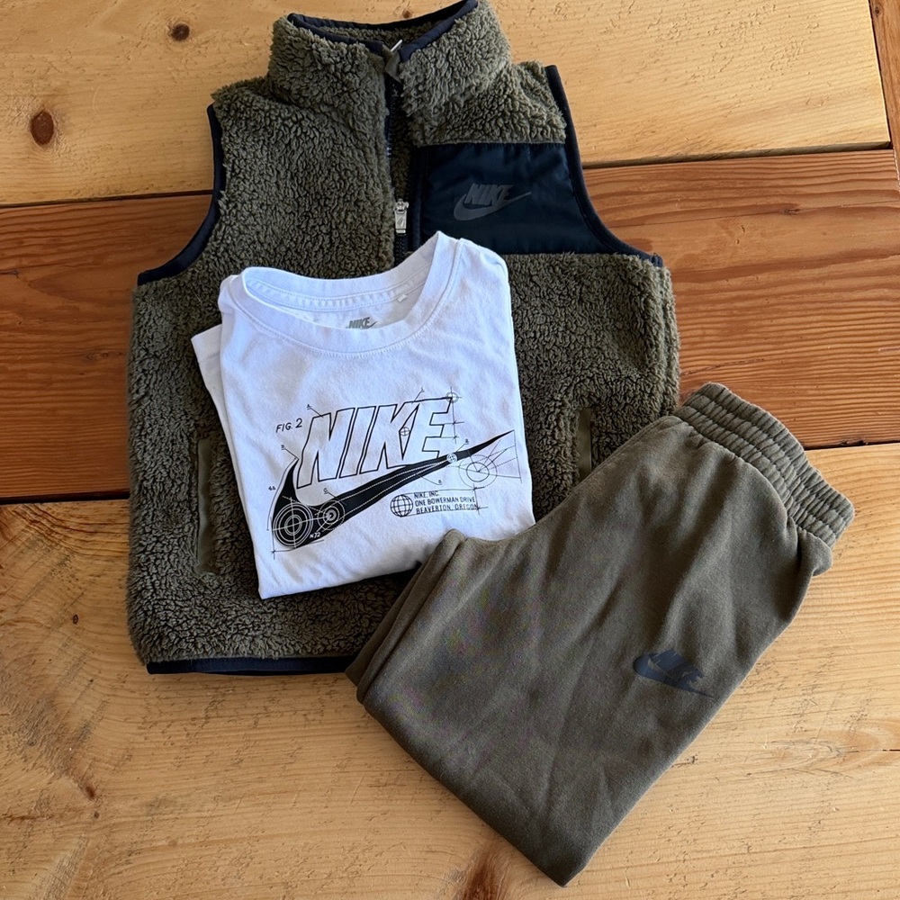 Nike Kids' Olive Vest Jogger Set with White Tee 5T